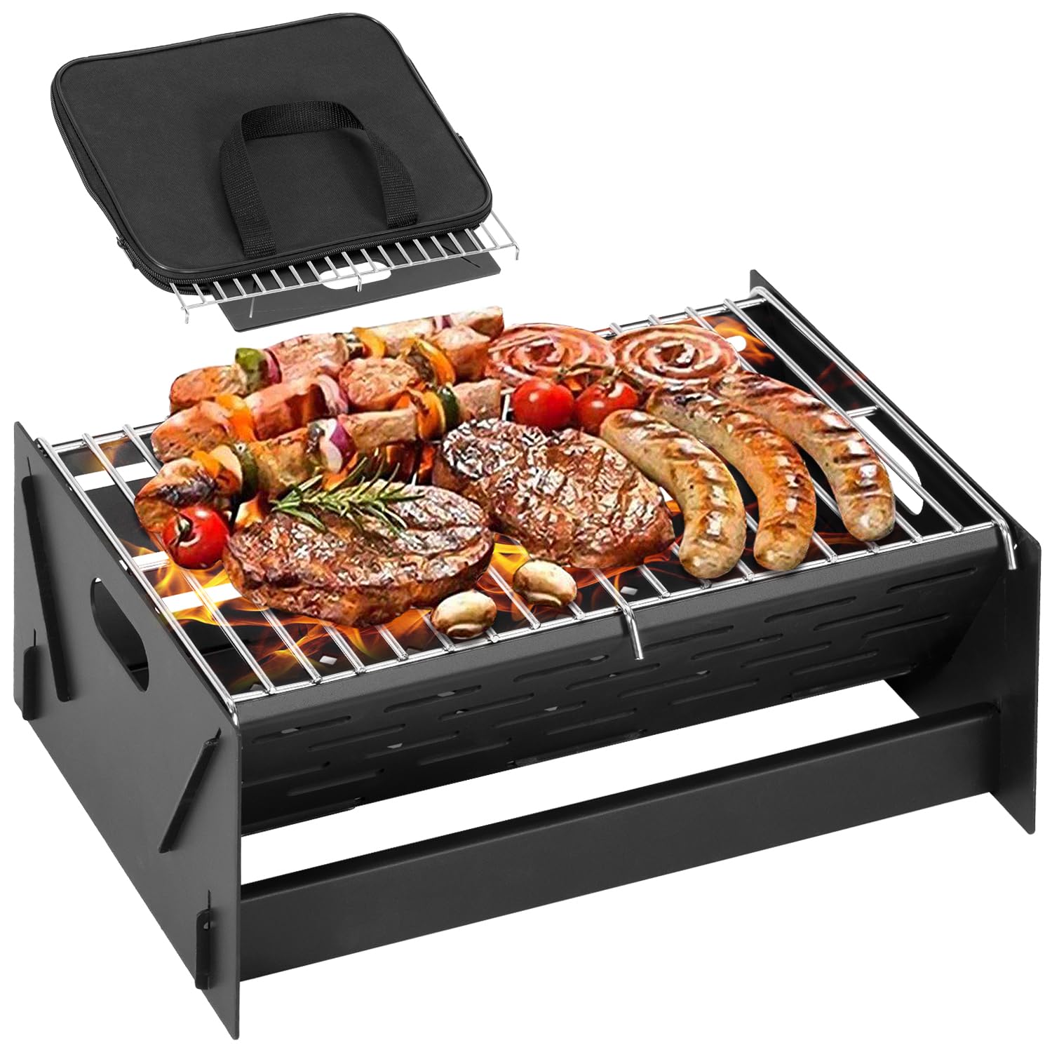 12" Foldable Portable Camping Charcoal Grill - Rust-Resistant Compact Tabletop Grill with Detachable Grate & Quick Assembly for Outdoor Cooking BBQ Smokes Beach Patio Backyard