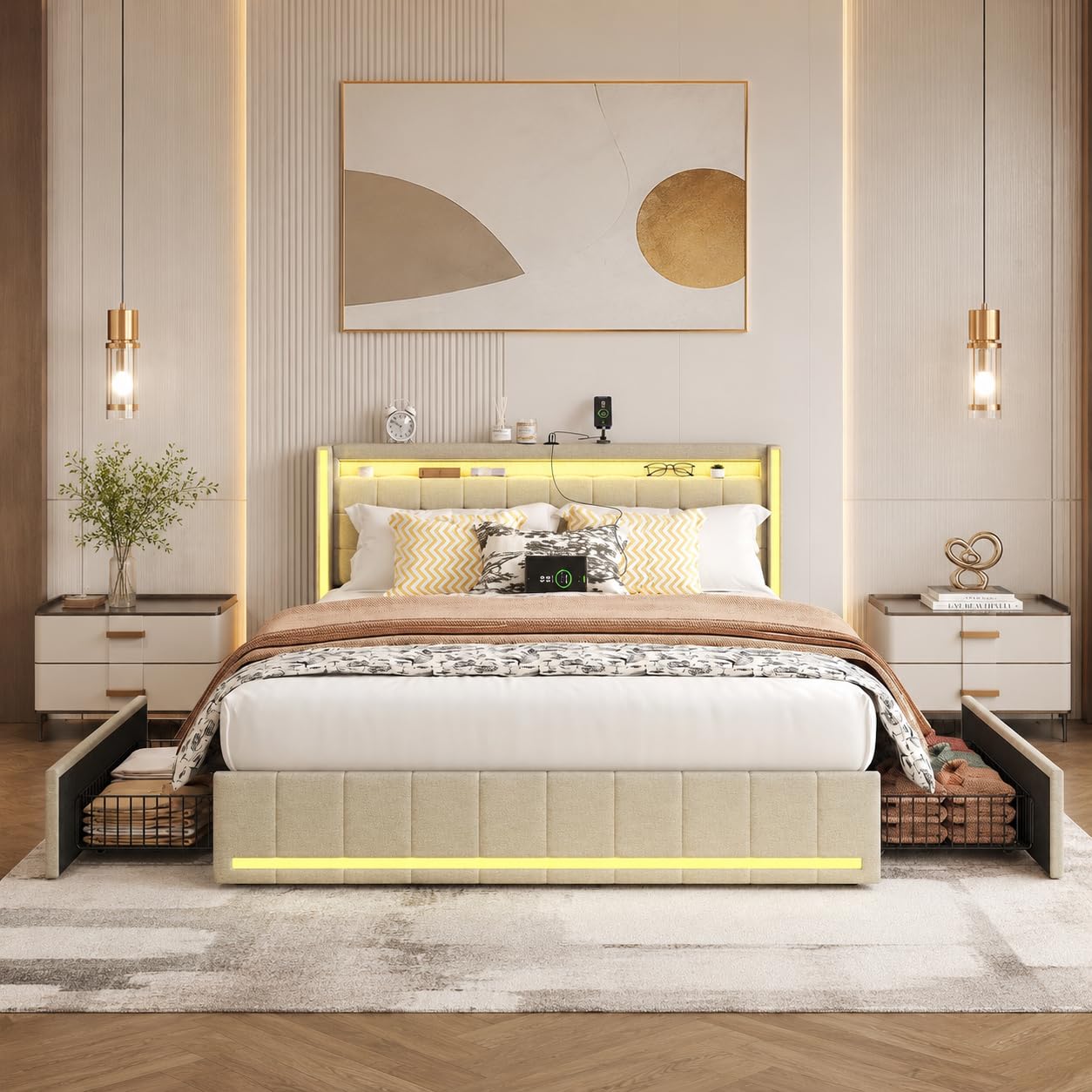 KeepGoon Letto matrimoniale 160 x 200 cm, letto imbottito con luci a LED, 4 cassetti in ferro e una porta di ricarica USB, telaio letto, tessuto di lino (beige)