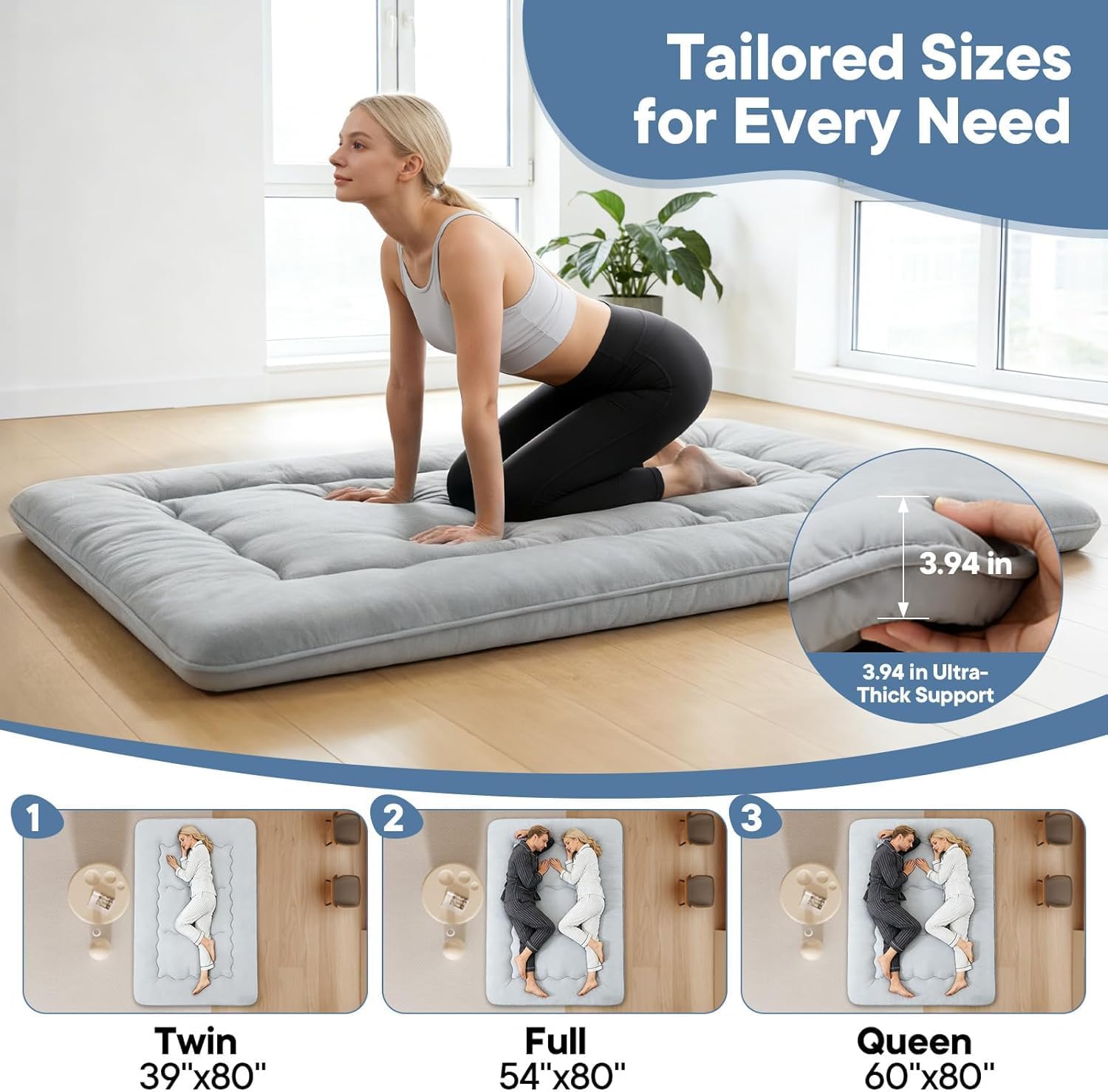 Simple Deluxe 4-Inch Twin Tatami Mattress, Japanese Futon Foldable Mattress with Removable Washable Cover, Portable Floor Bed for Bedroom, Guest Room, Camping, and Everyday Use – Gray