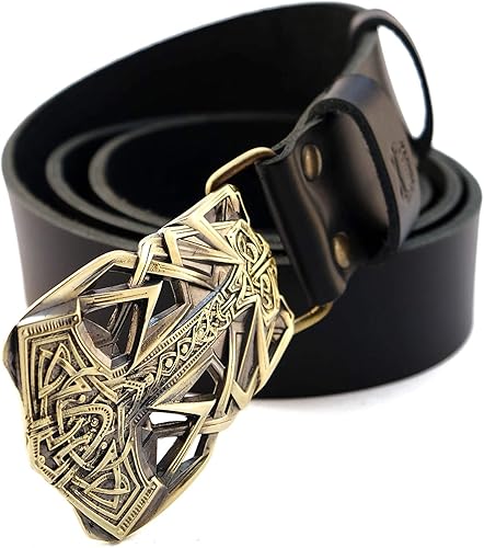 Miniatura 4 de Leather belt with buckle Thor's Hammer, Scandinavian Old Norse Viking Mjolnir solid brass belt buckle on belt