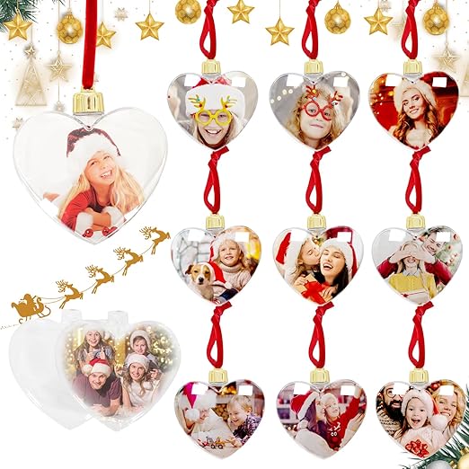 Pack of 8 Christmas Tree Decorations, Photo Frame, Decoration, Heart