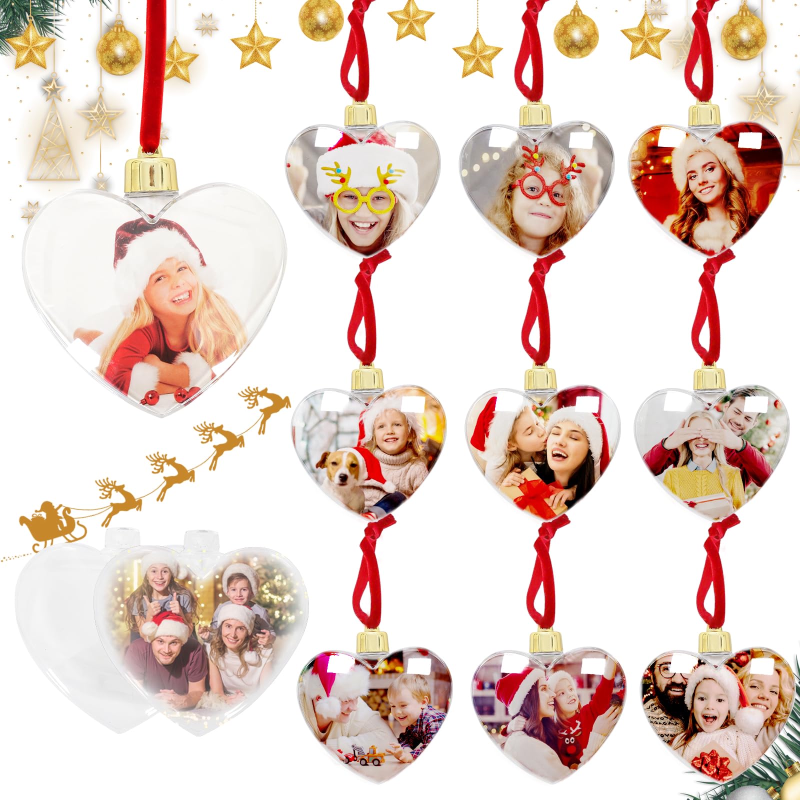 8 bolas de Navidad personalizadas para árbol de Navidad, marco de fotos, decoración de Navidad con foto de corazón, adornos de Navidad, de plástico transparente, decoración para fiestas familiares