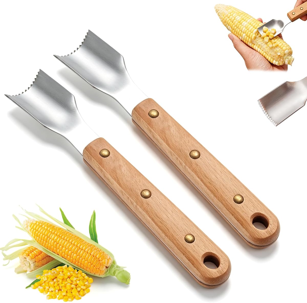 Pelador de maíz dentado de acero inoxidable, herramienta peladora de mazorcas de maíz con mango de madera | Paquete de 2 removedores rápidos de granos de maíz para maíz crudo y cocido, utensilio de cocina fácil de limpiar para cocina casera, barbacoa y comedor al aire libre