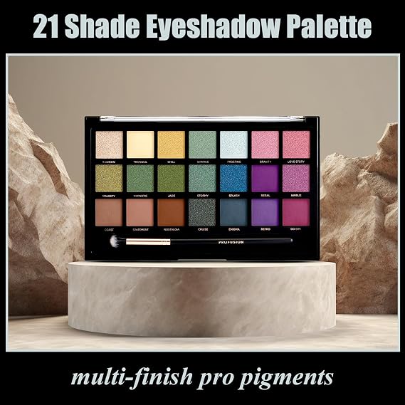 Profusion Cosmetics Wanderlust 21 Shades Eyeshadow Palette Richly Pigmented Matte & Shimmer Finishes with Blending Brush, Long-Wearing, Travel-Friendly, Vegan & Cruelty-Free Makeup Set