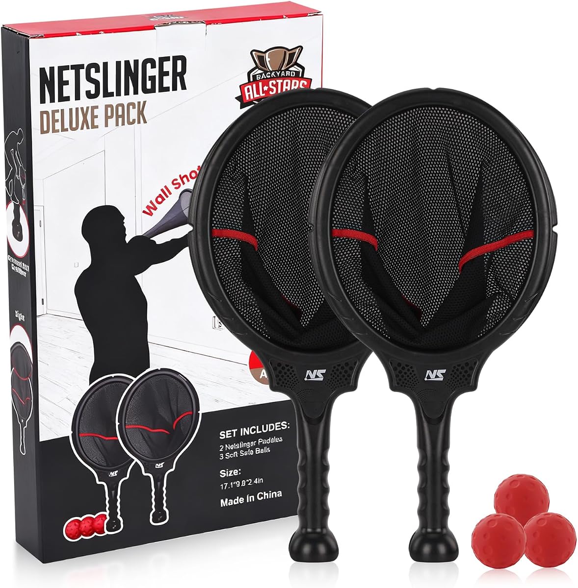 Slingshot Scoop Ball Set - Juego de fiesta familiar, juega solo o con 2 jugadores, juguete deportivo para interiores y exteriores para adultos y adolescentes, incluye 2 raquetas Netslinger, 3 pelotas