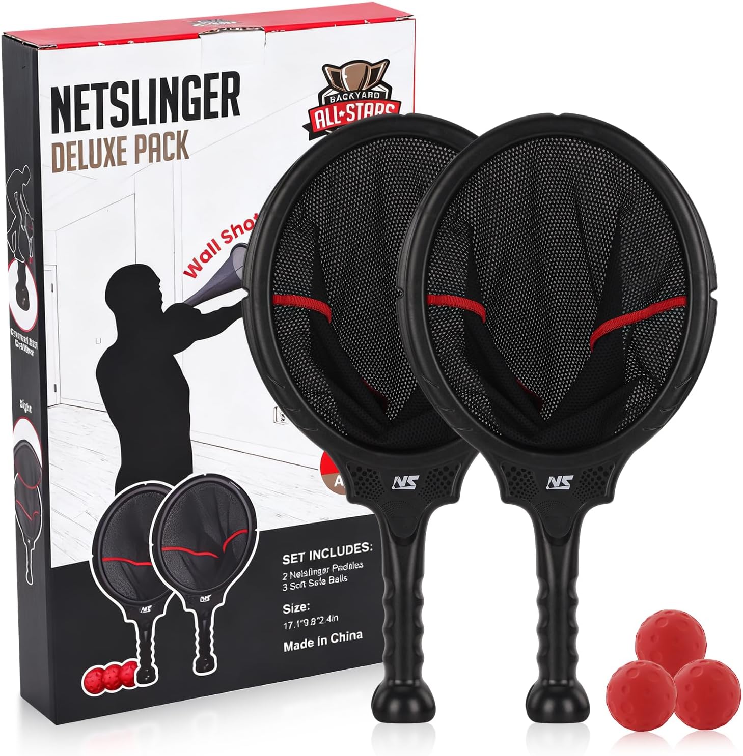 Slingshot Scoop Ball Set - Family Party Game, Play Solo or with 2 Players, Indoor & Outdoor Sports Toy for Adults & Teens, Includes 2 Netslinger Rackets, 3 Balls