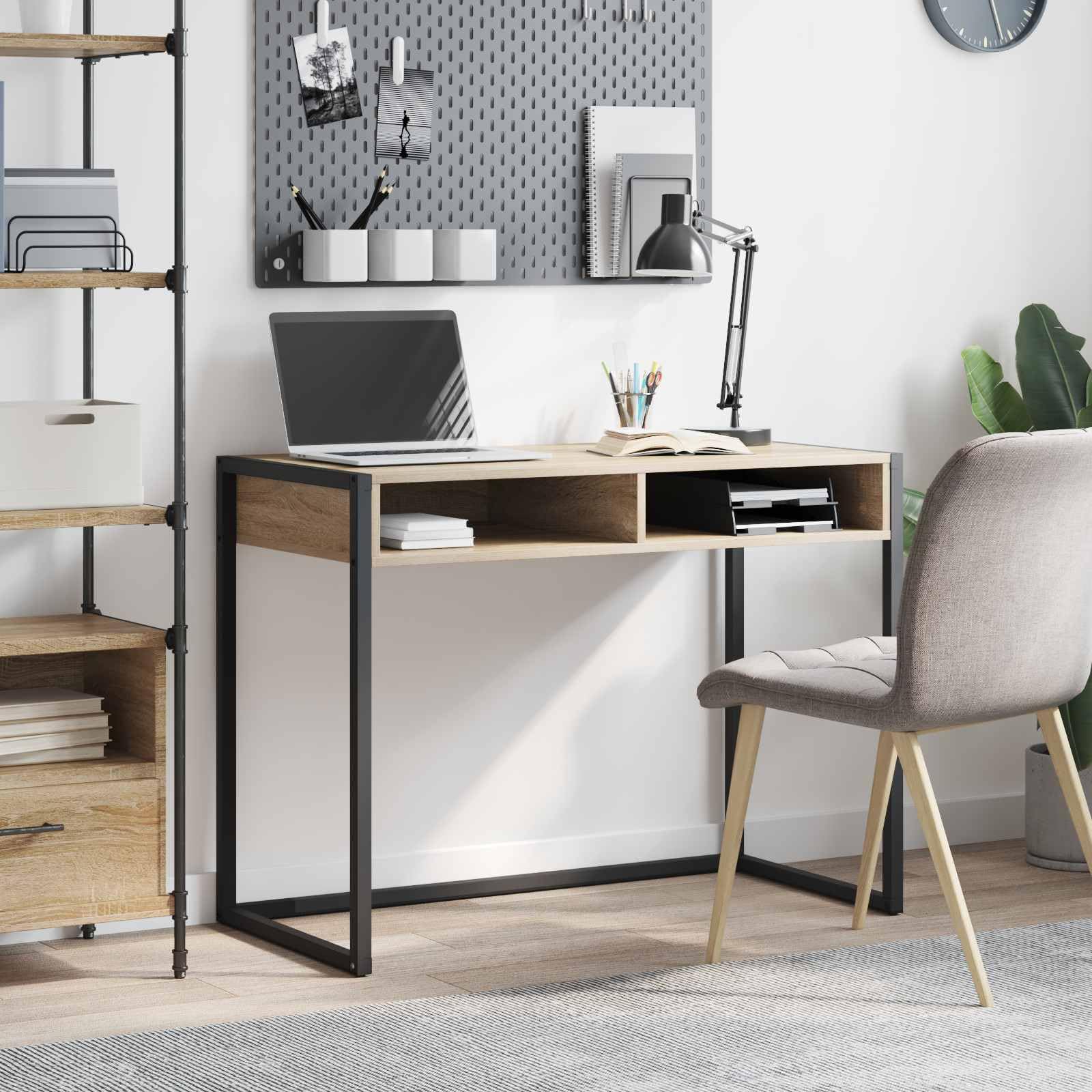 Scrivania con vano portaoggetti, in legno Sonoma, 100 x 50 x 75 cm, tavolo da lavoro per casa, ufficio, studio, con cassetto, ripiano e scaffale, per laptop, PC, monitor, gaming, studio