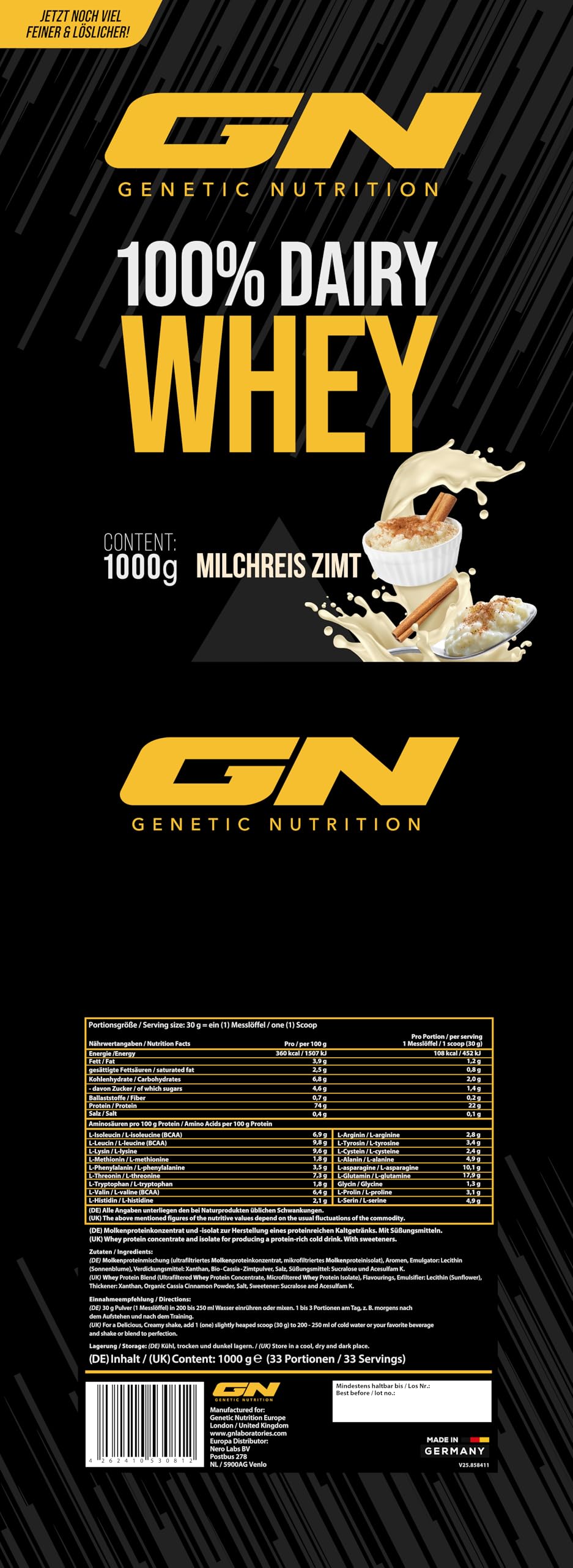 GN Laboratories 100 % poudre de protéines de lactosérum Dairy 1 kg (riz au lait et cannelle) – Poudre de protéines avec 23 g de protéines par portion, idéale pour le développement et le maintien