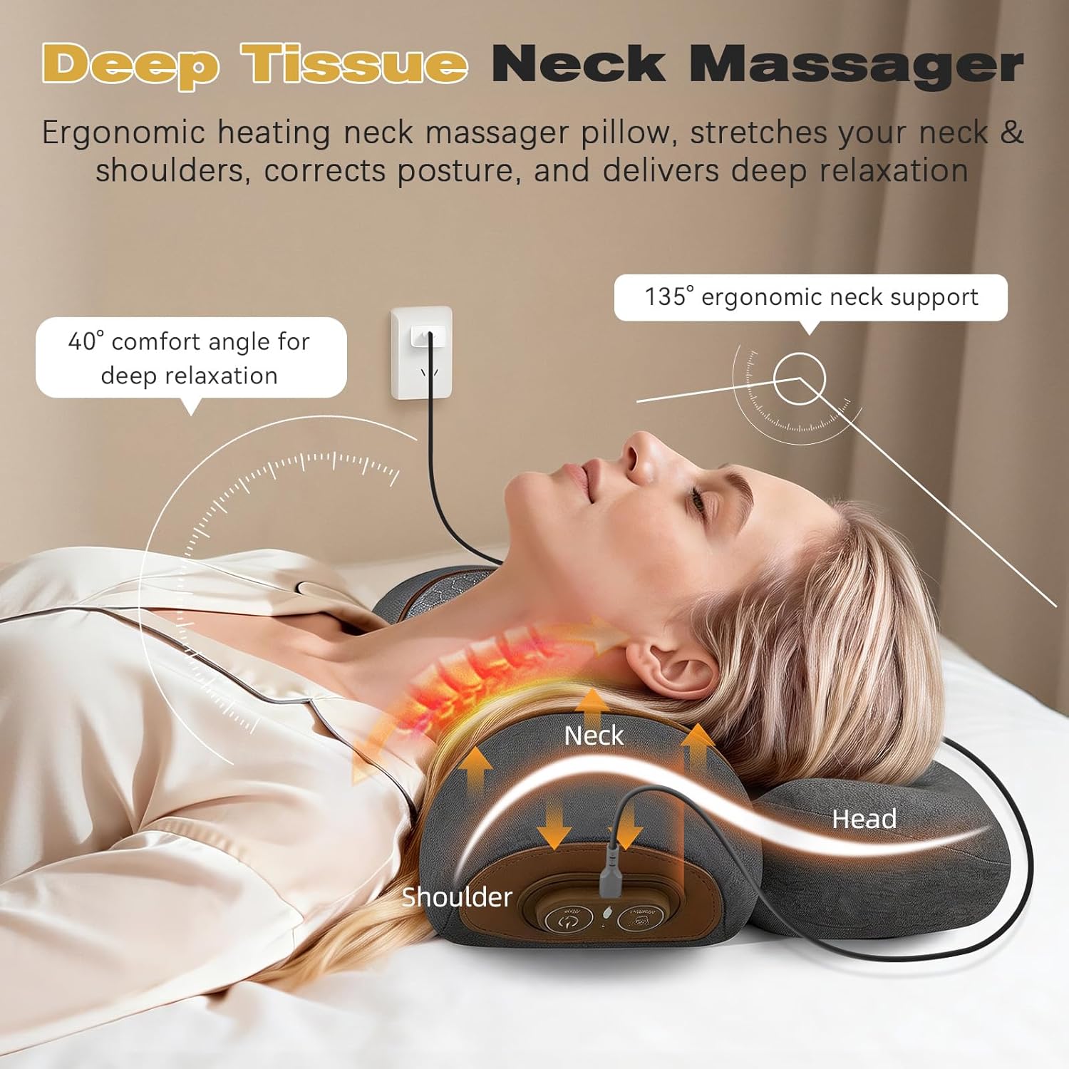 3-in-1 Neck Massager Pillow for Pain Relief, Neck Massager with Heat and Cervical Traction, Deep Tissue Massage Pillow for Shoulder & Back Comfort, Ergonomic Design for Men and Women (Deep Gray)