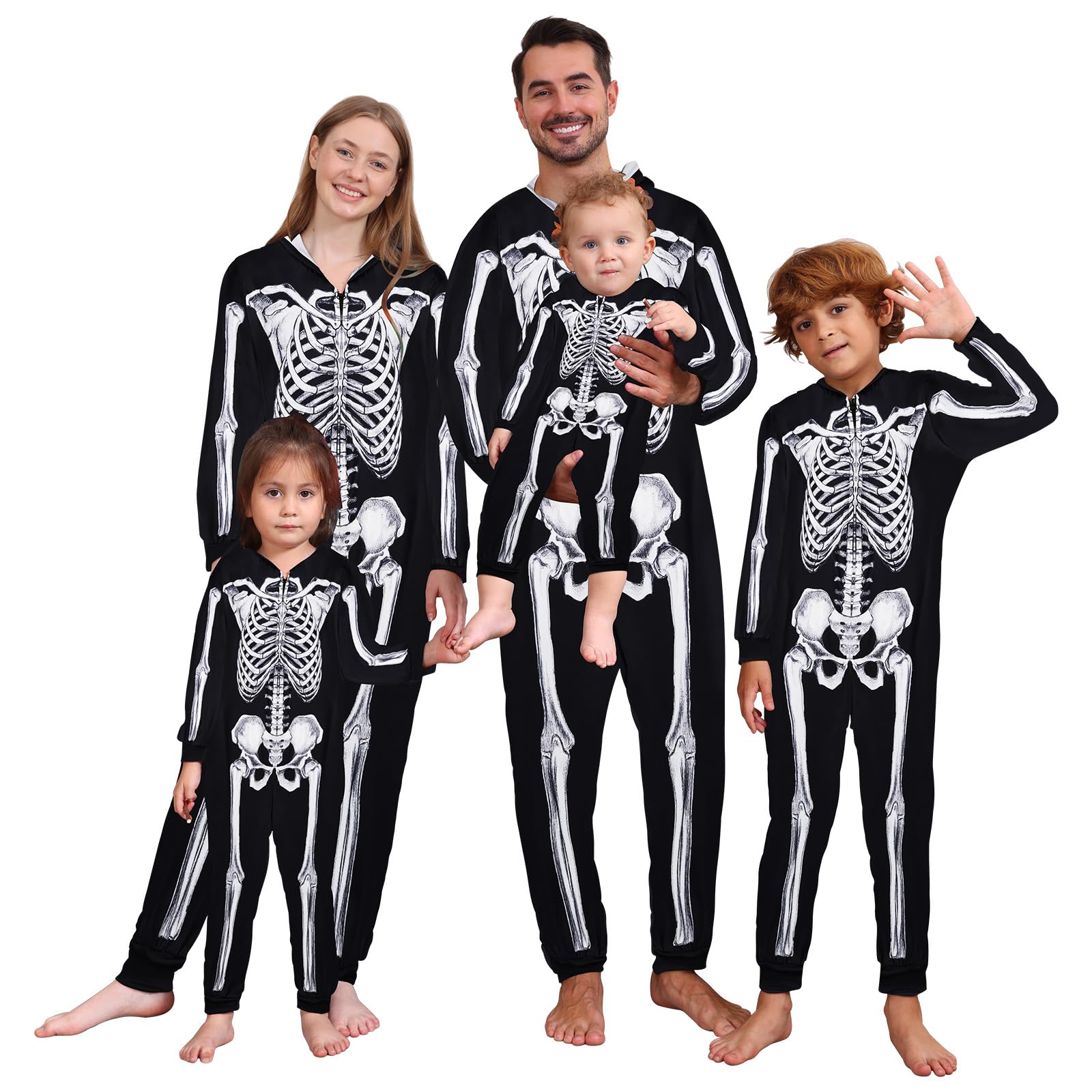 URMAGIC Family Matching Pyjamas Halloween Skeleton Costume Long Sleeve Hooded One Piece Jumpsuit Sleepwear Nightwear Pajamas Pjs for Men Women Children Boys Girls