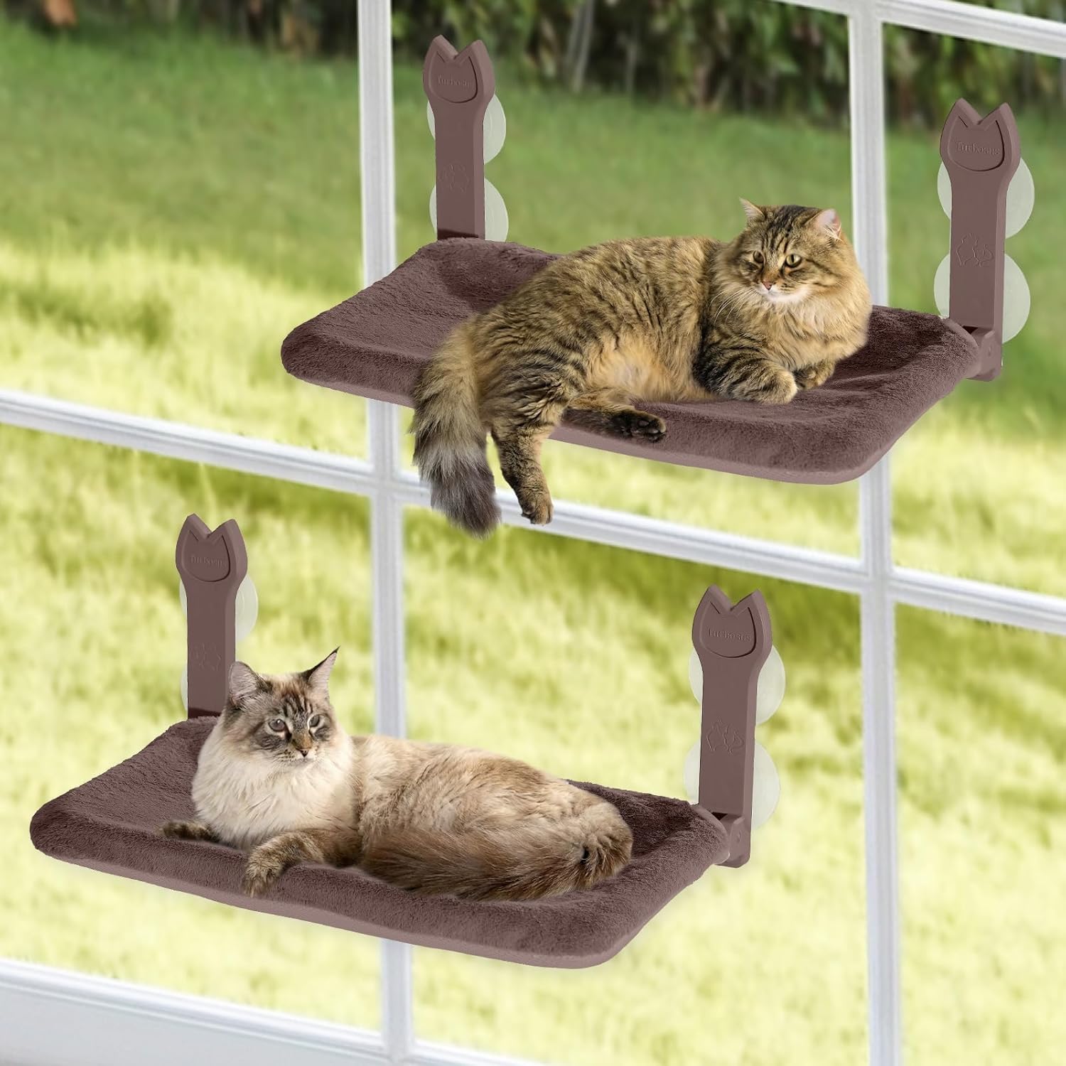 2 Pack Cat Window Perch,Cat Window Hammock Cordless Foldable Window Bed with 4 Large Strong Suction Cup,Reversible Cushion Cover,Metal Frame Easy to Adjust Window Seat Holds up to 40lbs(Brown,M)