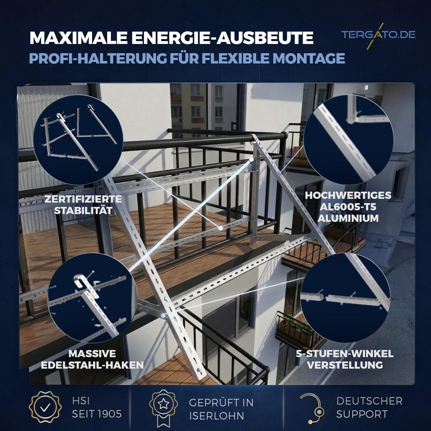 Balkonkraftwerk Halterung Aluminium von Tergato – Solarpanel Halterung für Balkon & Wand – Verstellbar 30-50° – PV Modul Set aus Aluprofil – Rostfreier Stahl