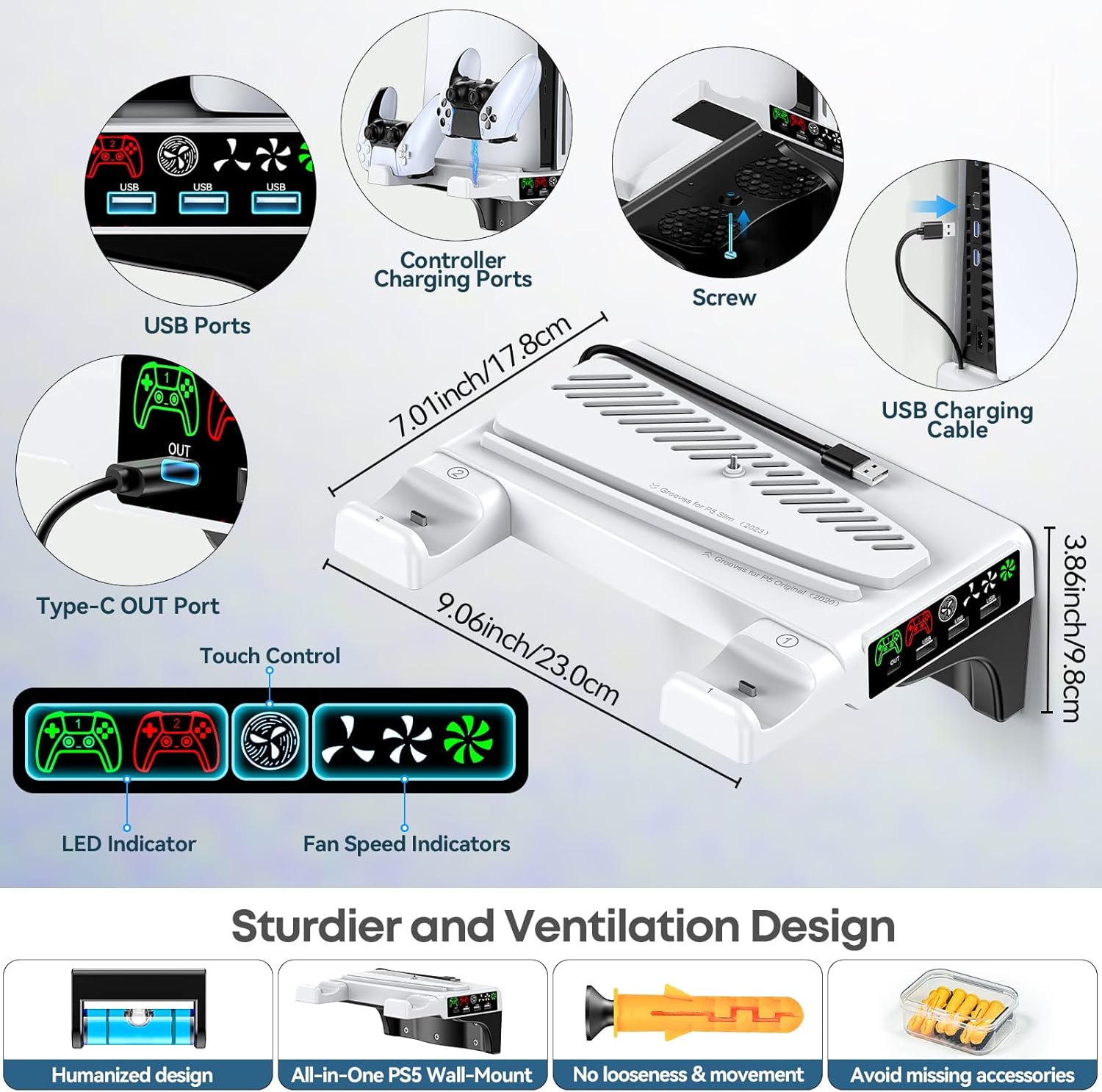 PS5 Wall Mount Kit with Cooling Fan & Controller Charging Station, PS5 Floating Shelf for PS5/Slim/Pro Disc & Digital Console, Mountable Behind PC Monitor for PS5 Accessories, Sega Genesis Consoles - Image 7
