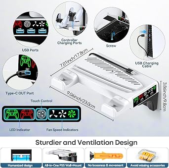 PS5/Slim/Pro Wall Mount Kit with Cooling Fan & Charging Station, PS5 Shelf Floating Mount for All PlayStation 5, Slim, Pro Disc & Digital Console, PS5 Wall Bracket, Behind TV, PS Five Pro Accessories