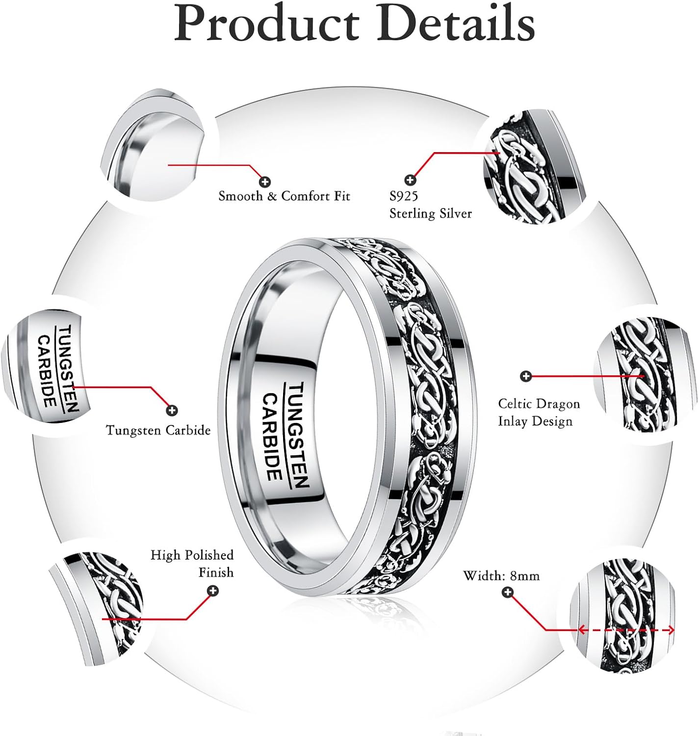 NUNCAD Mens Rings Sterling Silver Celtic Dragon Inlay Engraved and Customizable Tungsten Carbide Wedding Band Beveled Edge Jewelry Gifts Comfort Fit Size 8-12 - Image 6