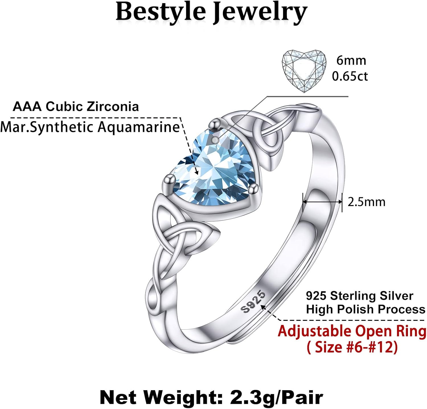 Bestyle Sterling Silver Celtic/Claddagh Birthstone Ring for Women, Hypoallergenic Celtic Silver Ring for Women, Adjustable Open Silver Thumb Ring, Love Promise Ring for Her, Great Birthday Gift - Image 5