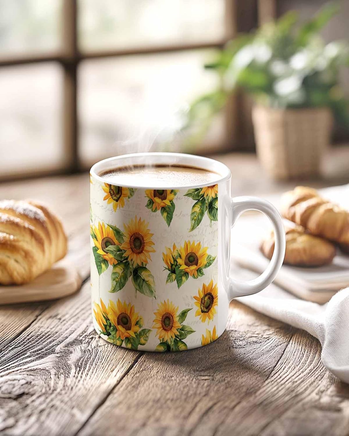BEMIGO Ceramic Coffee Mug Farmhouse Sunflower Ceramic Mug White Cup, Vintage Letter Background Insulated Coffee Cup with Handle with Pattern Perfect for Tea and Hot Beverages, 12oz