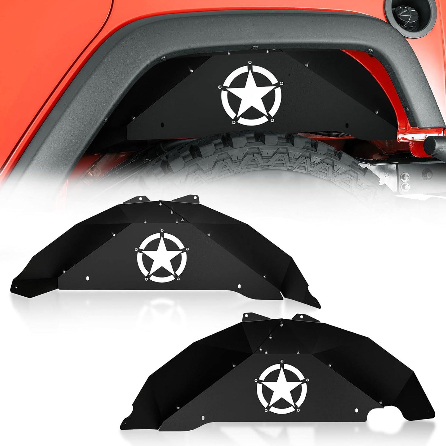 SUORTO Rear Inner Fender Liners Compatible with 2007-2018 Wrangler JK & JKU Unlimited Sport Sahara Rubicon, Bolt-on Style Mud Guards Steel Wheel Cover Fenders Flares (2/4 Doors) (White Star)