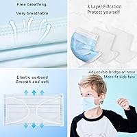 Vista 3 de Mascarillas faciales desechables para niños, paquete de 50 unidades, edades de 5 a 12 años, máscaras de seguridad de 3 capas con filtro para uso