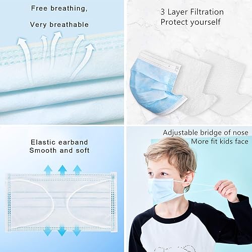 Miniatura 3 de Mascarillas faciales desechables para niños, paquete de 50 unidades, edades de 5 a 12 años, máscaras de seguridad de 3 capas con filtro para uso