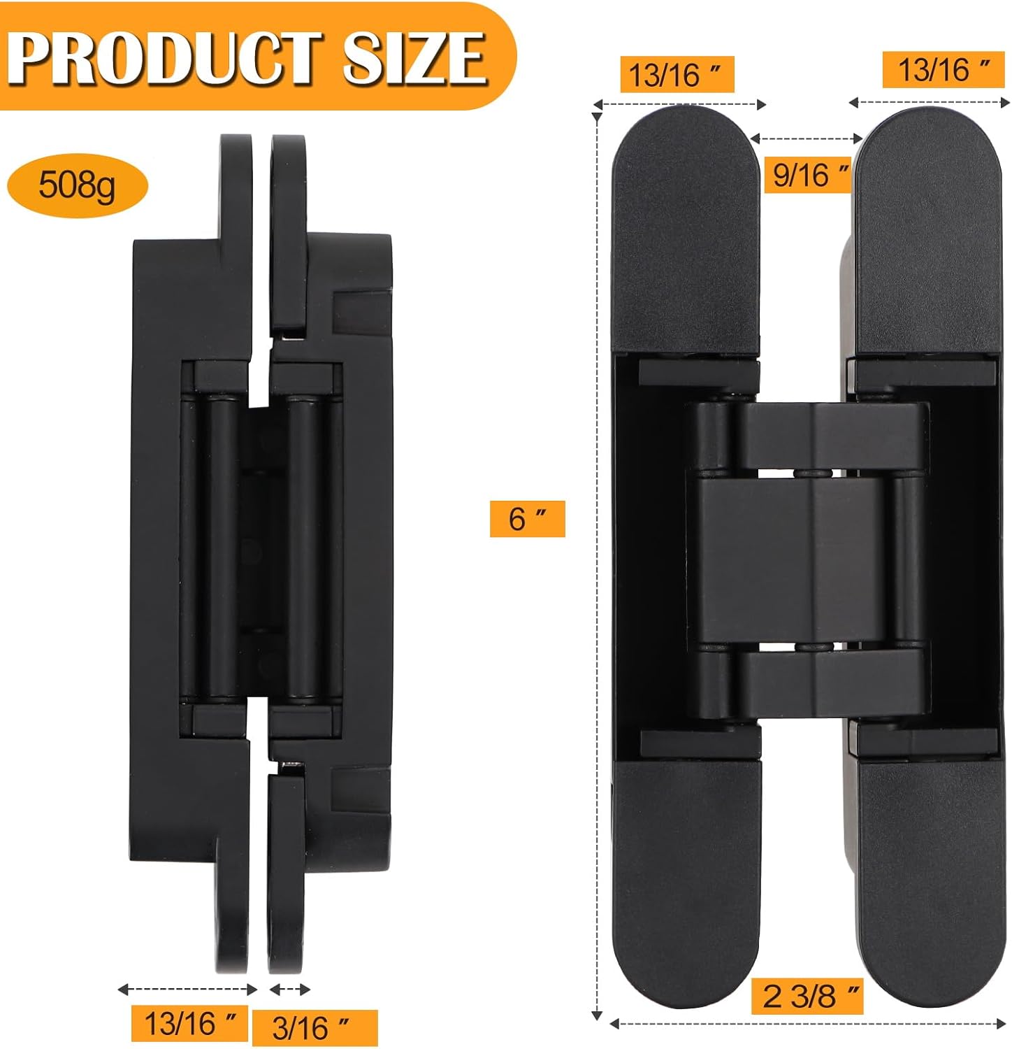 HBL' 2 Pack Hidden Door Hinges, 6 Inch Black Heavy Duty Hidden Hinges for Secret Doors, 3-Way Adjustable to Bulid Conceal Bookcase Door