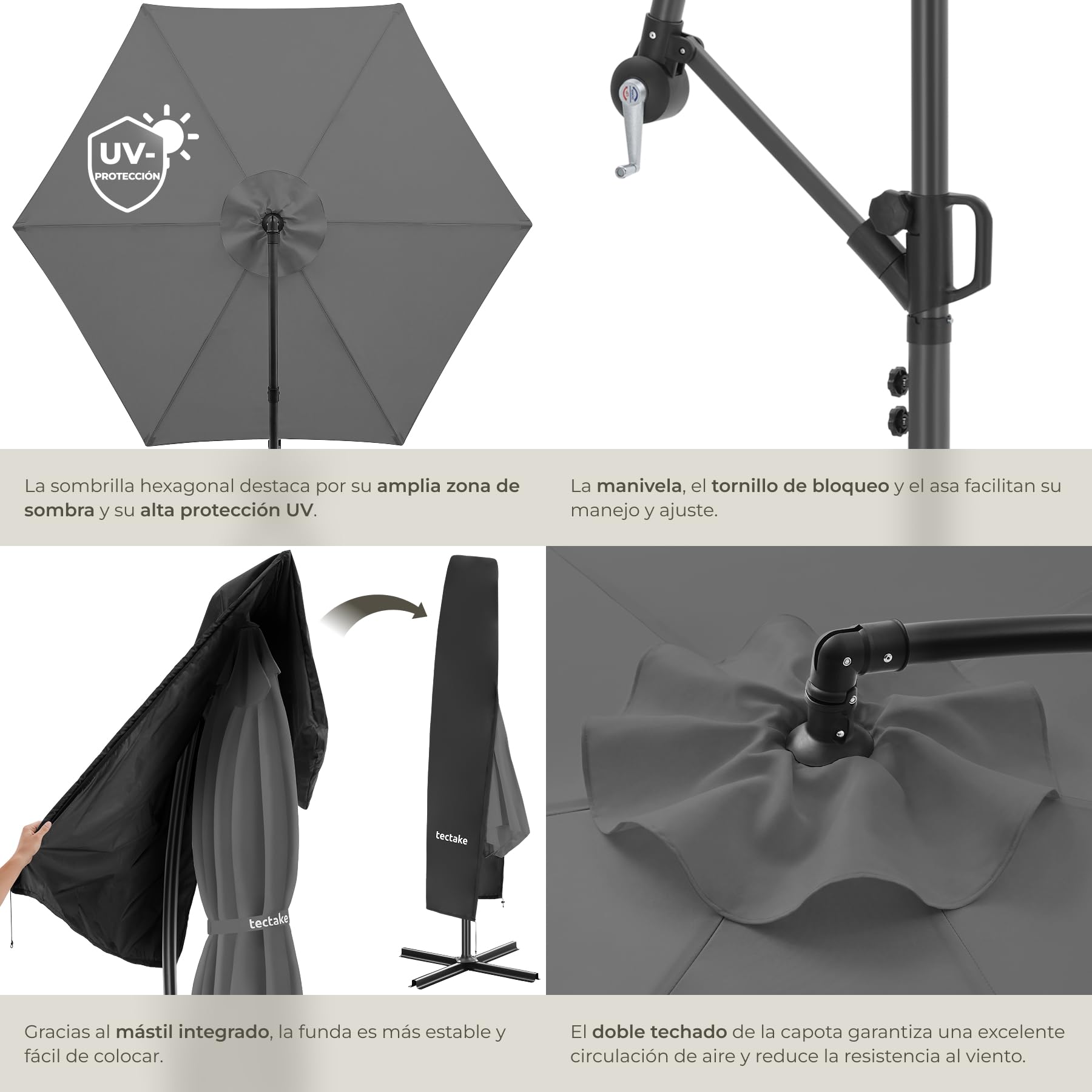 tectake® Sombrilla Terraza Exterior con Manivela Inclinación Regulable, Parasol Terraza Exterior con Doble Techo y Funda Protectora, Sombrillas Jardin Grandes, Muebles Jardin - 3 x 3 m