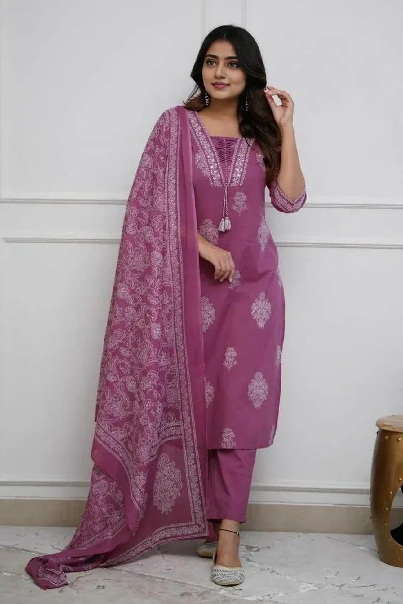 PARTHVI|Women's Pure Cotton Printed with Handwork Kurta with Pants and Dupatta Set | Ethnic Set | Suit Set | Kurta Set | Wedding Suit Set (P-1079-Wine-XL) - Image 2 thumbnail