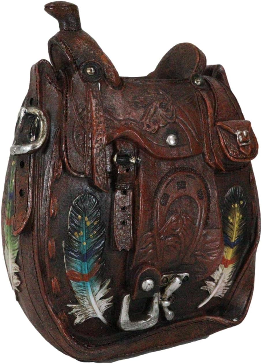 Ebros Gift Rustic Western Country Faux Tooled Leather Cowboy Horse Saddle with Tribal Dreamcatcher Feathers Decorative Flower Bouquet Vase Or Planter Figurine 8" High Southwestern Centerpiece Accent