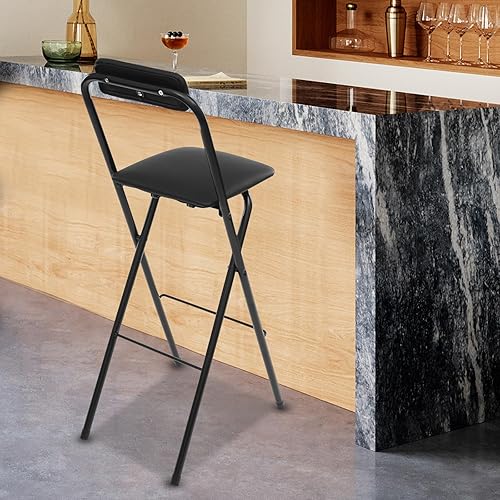 Miniatura 2 de SHZICMY Taburete de bar plegable con respaldo, taburete plegable alto, portátil, de 29.5 pulgadas de altura, asiento acolchado de cuero para