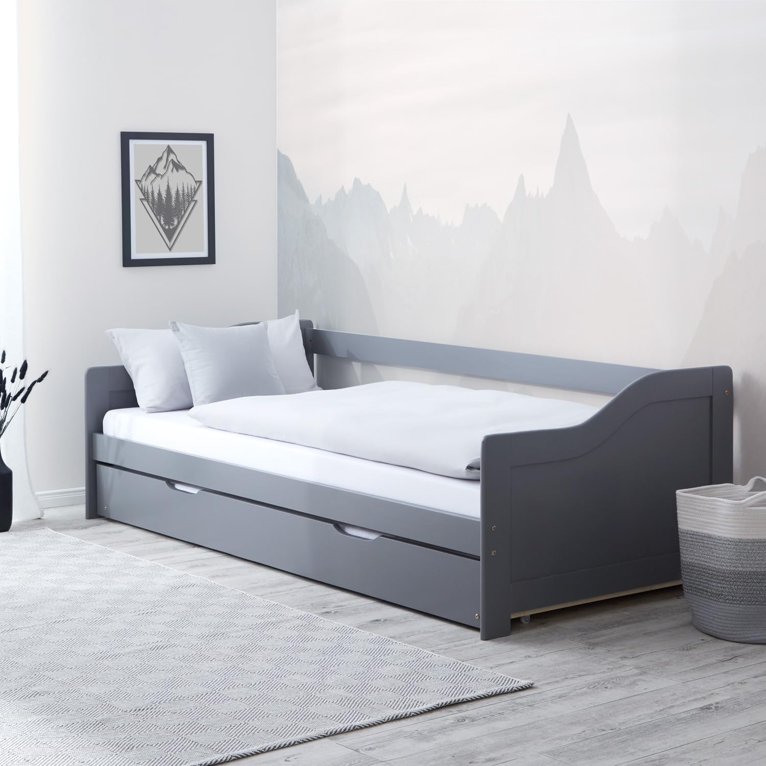 Homestyle4u Kinderbett 90x200 Ausziehbett mit Schublade, 2 Matratzen & Lattenrost – Grau, Kiefer massiv