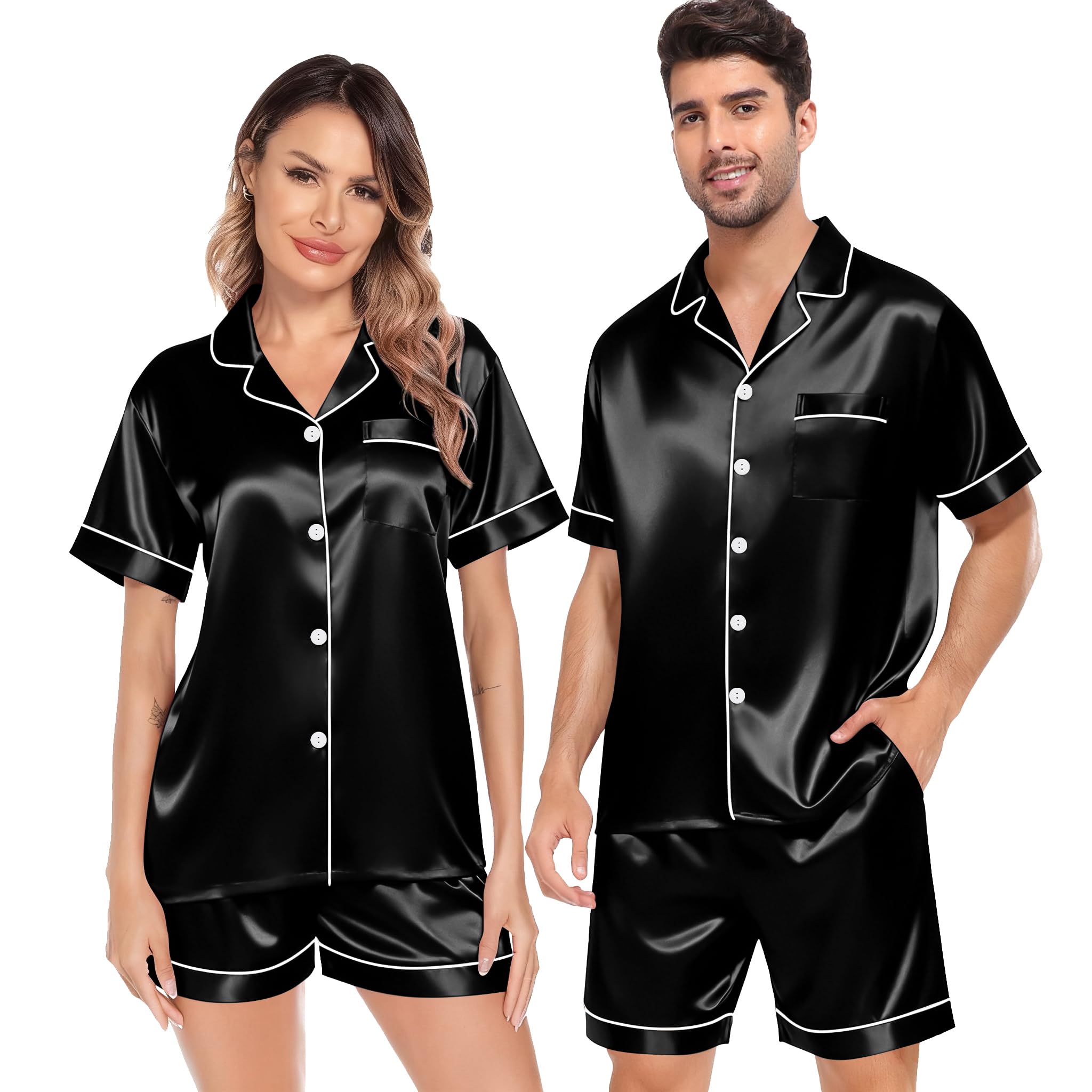 SWOMOG Satin Matching Pajamas Sets Couple Silk Button Down Nightwear Women &amp; Men Short Sleeve Sleepwear 2 Pieces Loungewear