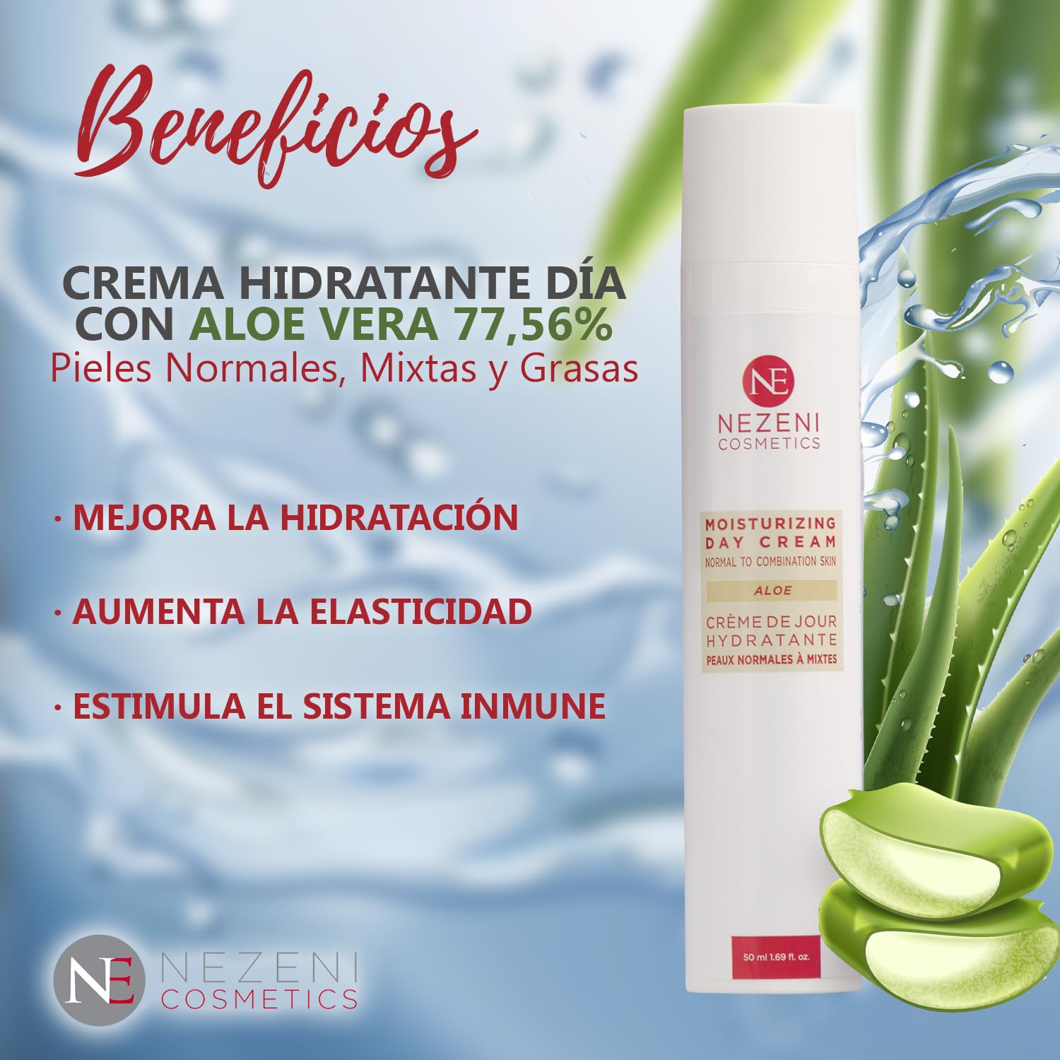Nezeni Crema Hidratante Facial Aloe Vera 77,56% | 17 Principios Activos | Aumenta Elasticidad de la Piel | Crema Facial Día Para Piel Normal, Grasa y Mixta BAJA EN CONSERVANTES