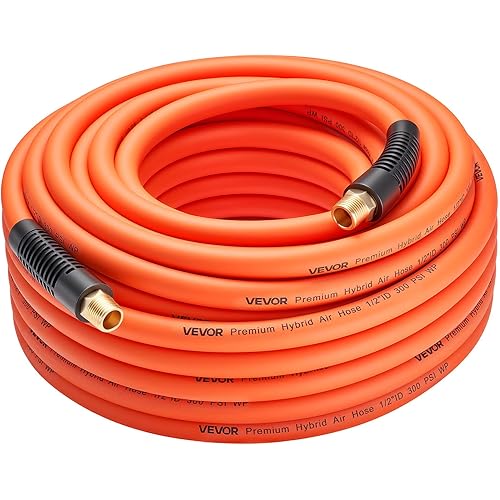 VEVOR Air Hose, 1/2" x 100FT Hybrid Air Compressor Hose, 300 PSI Kink-Resistant Pneumatic Hoses with 1/2-inch Solid MNPT Bras Fittings, Three-Layer Construction, All-Weather Flexibility