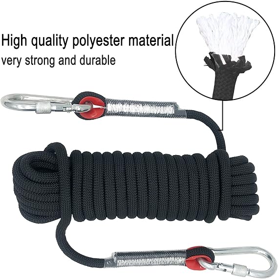 Climbing Rope Diameter 10mm Outdoor Static Cord, High Strength Safety Rope with 2 Carabiner, for Escape, Fire Rescue, Dock Anchoring, Skateboard fixing etc, Black Length 10m