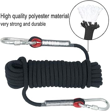 Climbing Rope Diameter 10mm Outdoor Static Cord, High Strength Safety Rope with 2 Carabiner, for Escape, Fire Rescue, Dock Anchoring, Skateboard fixing etc, Black Length 10m