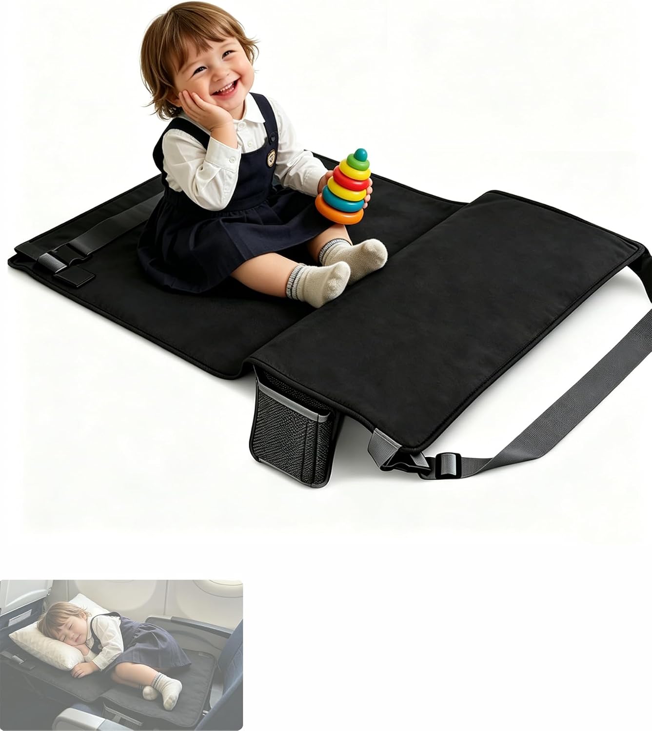 Toddler Airplane Bed, Portable Airplane Seat Extender Travel Bed for Kids, Soft Baby Plane Travel Essentials for Flying, Toddlers Long Flight Must Haves Footrest, Black(31.5" × 17.7")