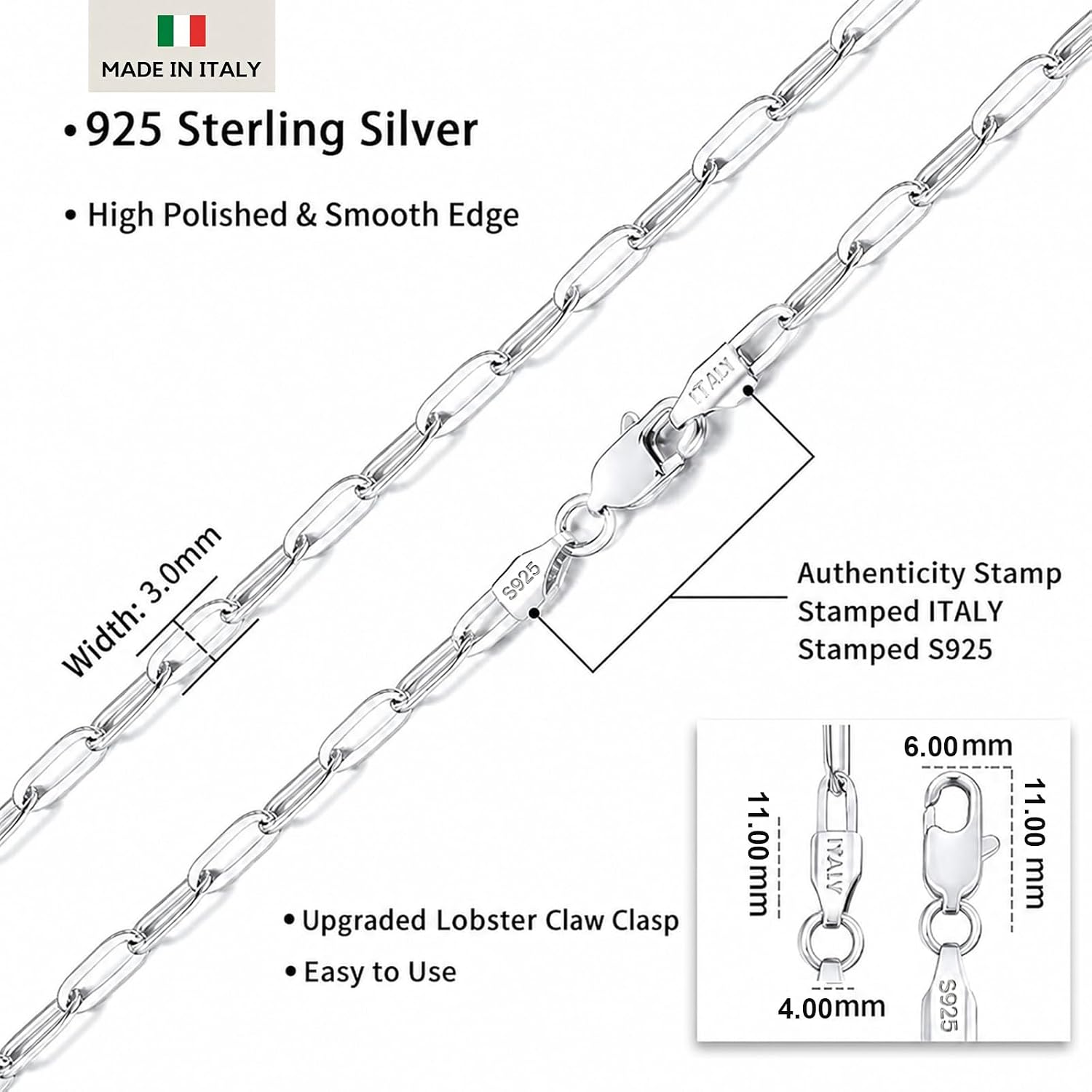 18k Gold Plated 925 Sterling Silver Chain Necklace for Women,3.0mm Thin Sturdy Paperclip Chain, Layering Necklace Tarnish Resistant Dainty Jewelry Gift 18/20/22/24/26 Inch