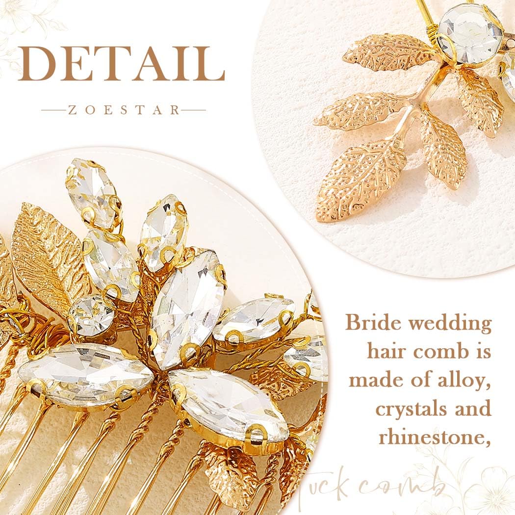 Horquillas para el pelo de novia con diamantes de imitación dorados, accesorios para el cabello de boda para mujeres y niñas (paquete de 3)