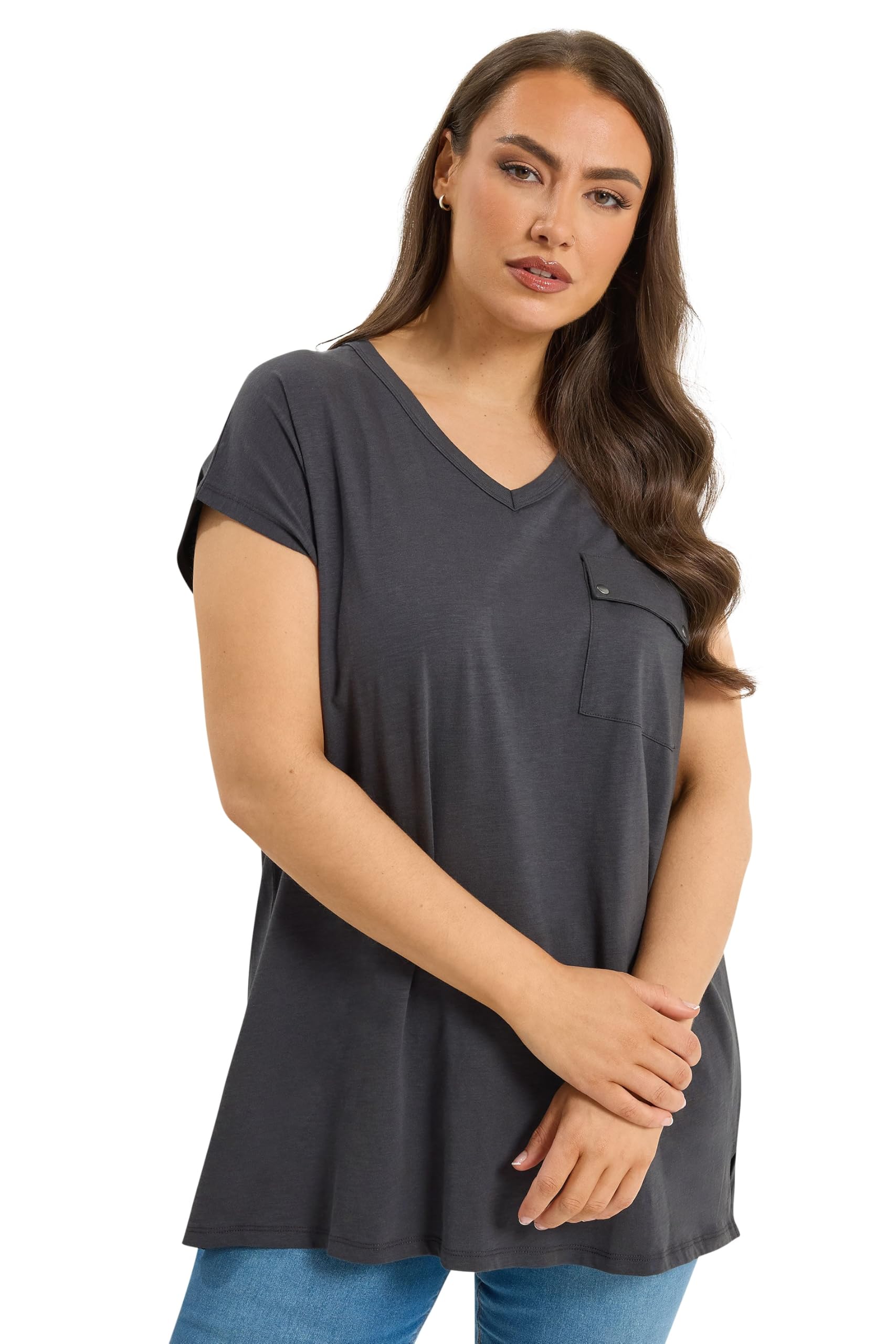 Yours Women's Charcoal Pocket Cotton T-Shirt In Size 26-28