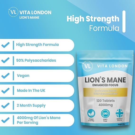 Lion's Mane Mushroom Supplement 4000mg | High Strength 12:1 Fruiting Body Extract | 120 Tablets (2 Month Supply) | Vegan, Made in UK