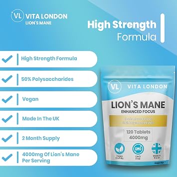 Lion's Mane Mushroom Supplement 4000mg | High Strength 12:1 Fruiting Body Extract | 120 Tablets (2 Month Supply) | Vegan, Made in UK