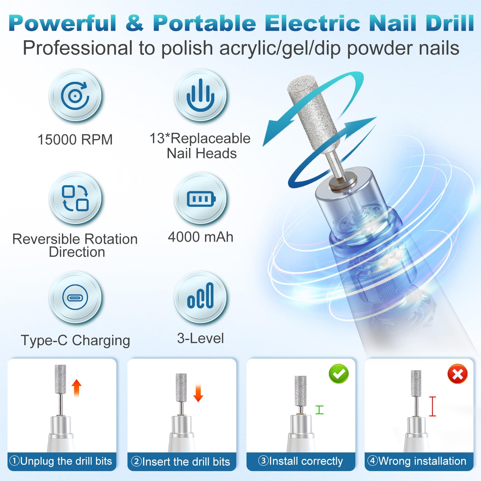 2 in1 Akku Nagelstaubsauger mit 16-teiligem Maniküre-Set, Kabellos, 4000mAh