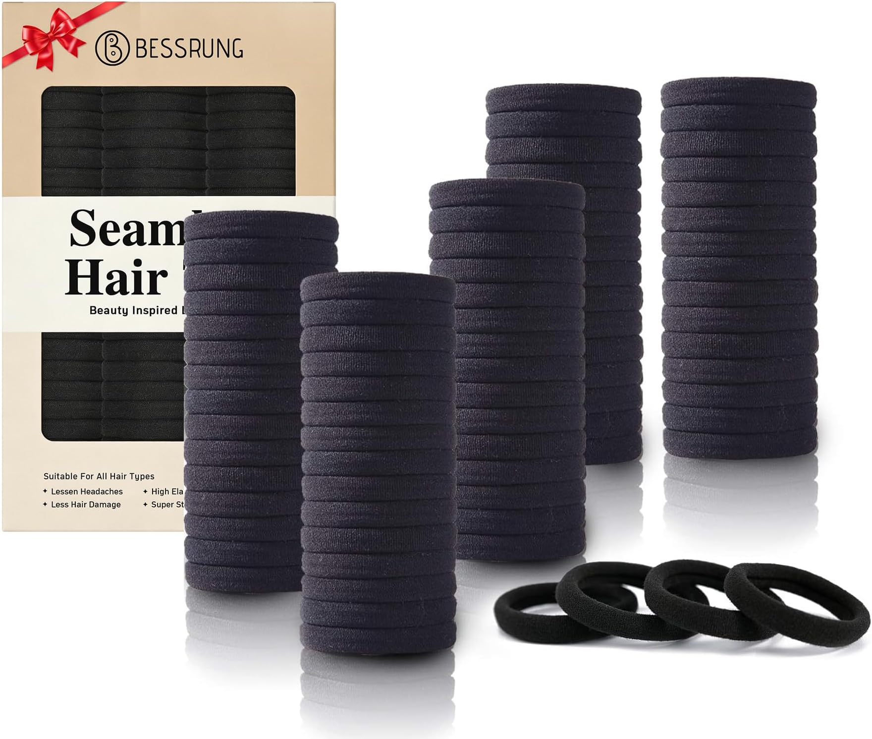 Bessrung Kkwx 100Pcs Black Hair Ties, Seamless Cotton Thick Black Hair Band, Elastic Hair Ties No Damage Ponytail Holder