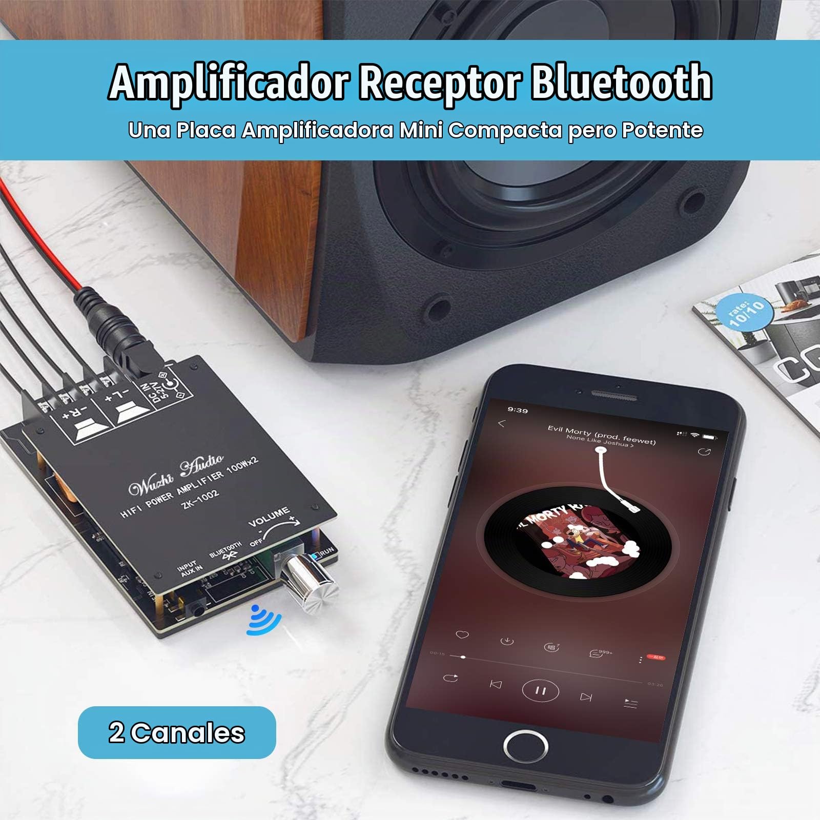 Placa amplificadora Bluetooth 200W TPA3116, Placa de Amplificador de Audio 100W + 100W con técnica de Filtro LC, Canal Dual DC8-24V, conexión sin contraseña al teléfono en Silencio