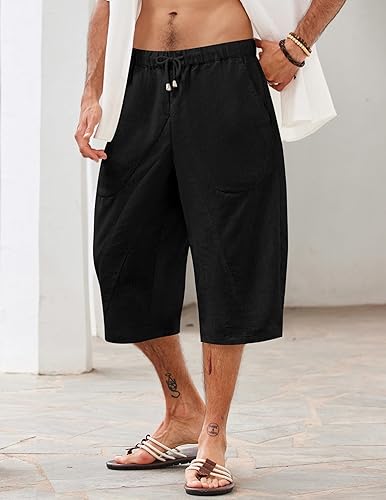Miniatura 3 de COOFANDY Pantalones capri harén de lino para hombre, casuales, ligeros, con cordón, pantalones de yoga, holgados, 34, pantalones de playa