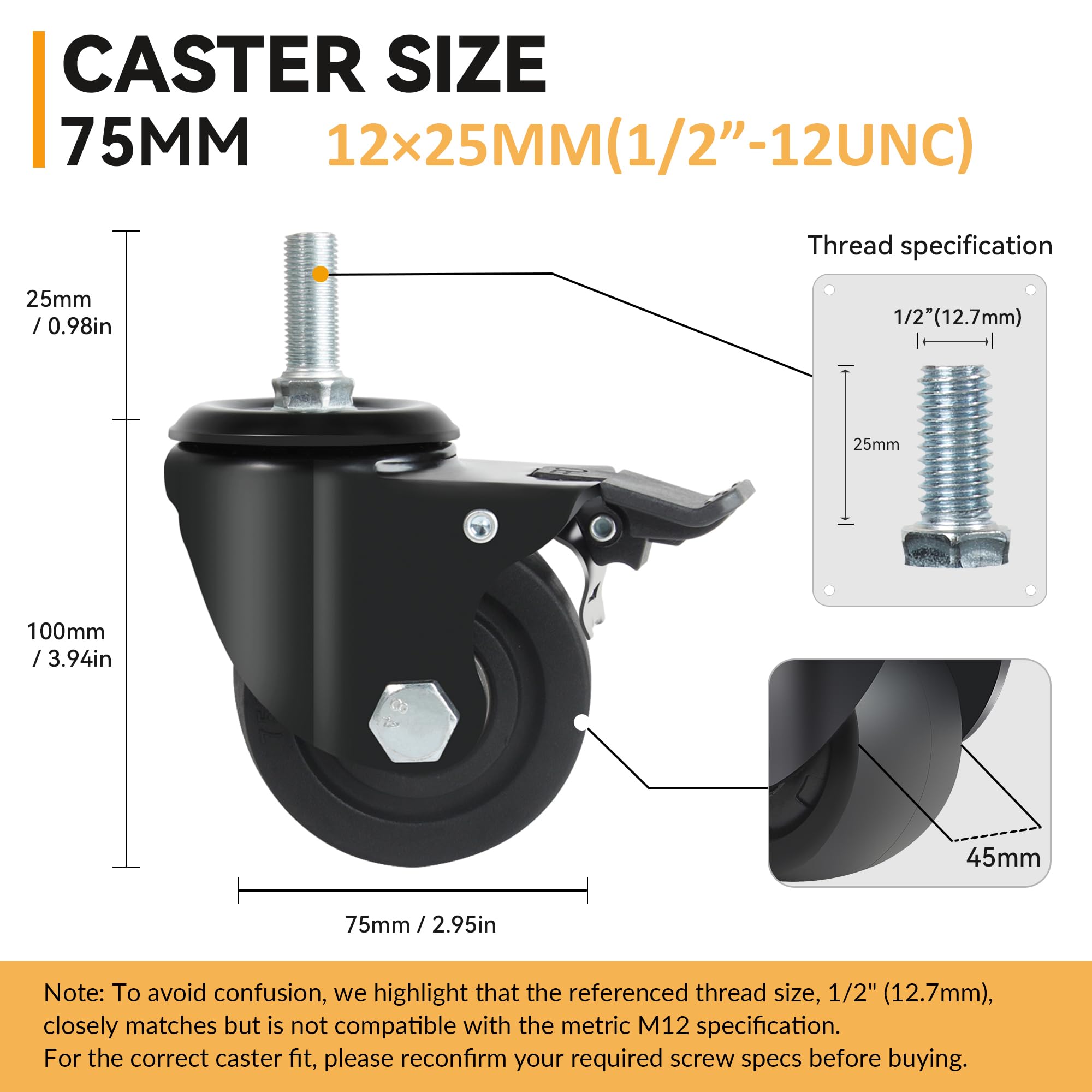 Ruote Girevoli per Mobili 75MM - Portata Max 2000KG, 12mm x 25mm (1/2"-12UNC) Con Viti - per Carrello Industriali, Carichi Pesanti e Spostare Mobili