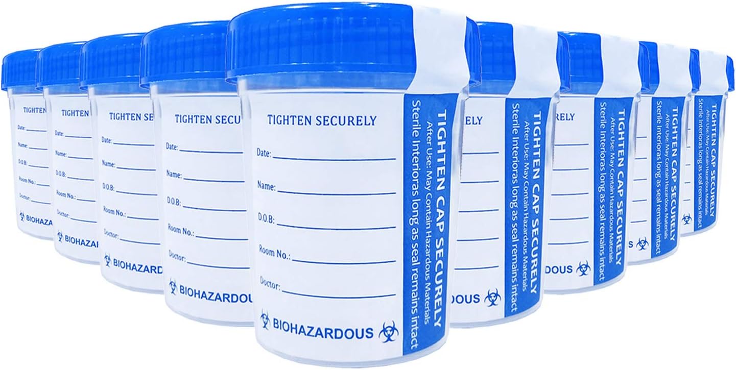 SILKFUN Sterile Specimen Collection Cups, Screw-on Lid with Double Tamper Evident Seals，Sterile and Leak Proof, Individually Bagged，Blue Cover, 3oz/90ml - 5 pack/10 pack/20 pack