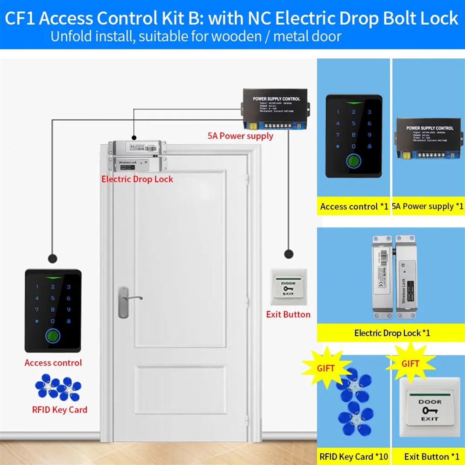 Kit di Controllo accessi biometrico for Impronte digitali Kit Serratura Intelligente for Porta Apri cancello elettronico Set Porta elettromagnetica(Kit-B NC Bolt Lock)