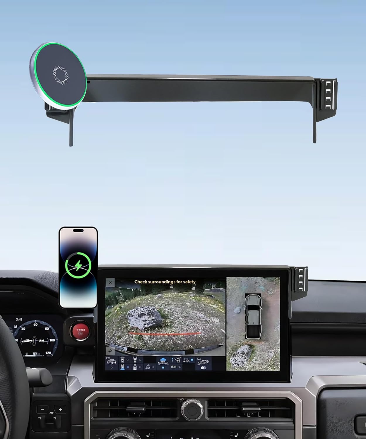 Car Phone Holder for 2024 2025 2026 Toyota Tacoma/2025 Toyota 4Runner Accessories 15W MagSafe Fast Wireless Charger Cell Phone Mount Apply to 14 Inch Touch Screen Fixed Clip 360° Rotation