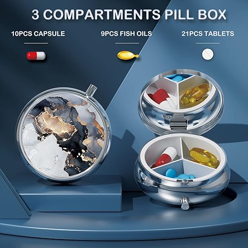 Miniatura 3 de Howfateam Pastillero redondo pequeño, pastillero portátil de viaje para bolsillo y bolso, organizador de píldoras de metal de 3 compartimentos,